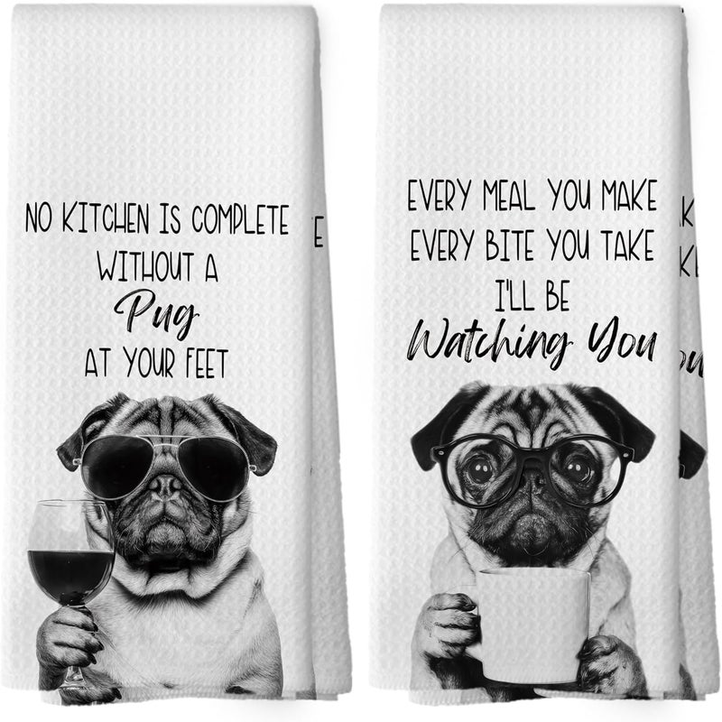 Mcehtle Funny Pug Kitchen Towels Set of 2, Dog Kitchen Accessories, Coffee Station Wine Bar Decor, Dog Chef Gift Hand Towel, Dining Room Decorative Tea Towel Dish Towels 16x24 Inch - Image 1